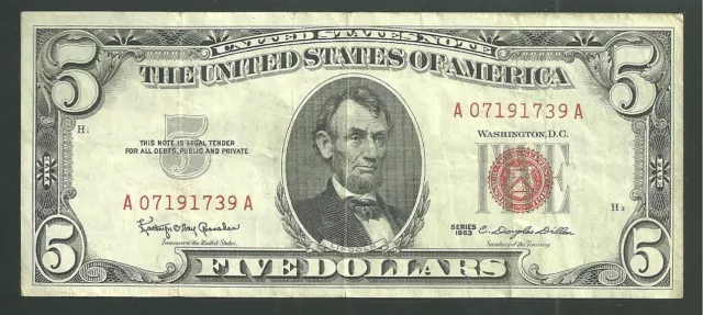 United States 5 Dollars 1963 Red Seal Legal Tender Note FR# 1536 US Paper Money