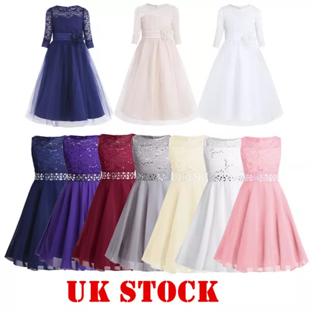 UK_Lace Kids Princess Dress Party Wedding Gown Prom Bridesmaid Flower Girl Dress