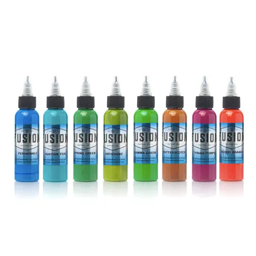 Floral Set - FUSION Tattoo Inks  - 8 Bright Green Red Tones Colors - 1 oz Bottle