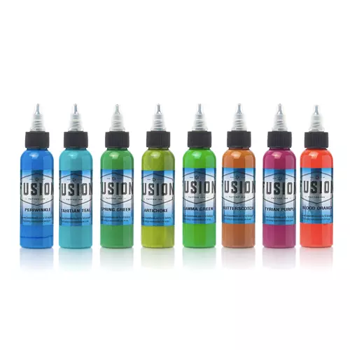 Floral Set - FUSION Tattoo Inks  - 8 Bright Green Red Tones Colors - 1 oz Bottle