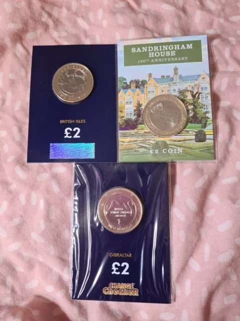 set of 3 £2 coins change checker Gibraltar British Isles Sandringham house...