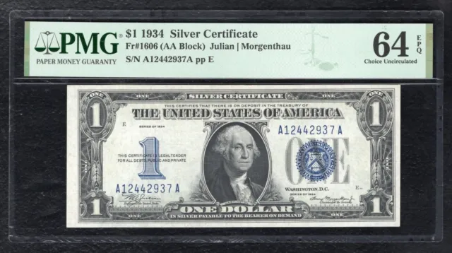 Fr. 1606 1934 $1 “Funnyback” Silver Certificate Note Pmg Uncirculated-64Epq