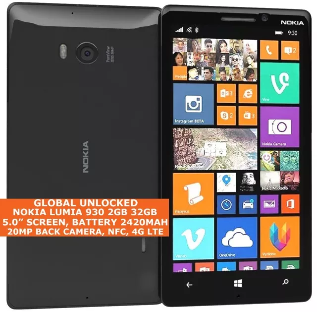 Nokia LUMIA 930 32gb 2gb 20 Mp Caméra Débloqué Noir Windows 8.0 LTE Smartphone