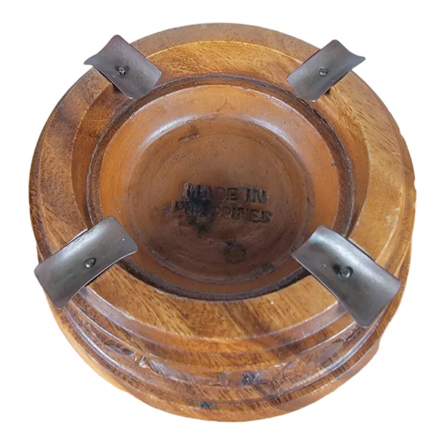 Made in Philippines Carved Wood Ashtray 5-3/4” Vintage Metal Cigar Holder