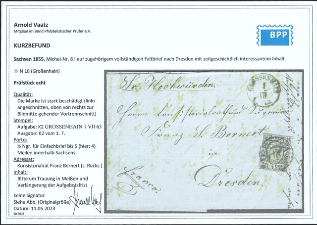 SACHSEN 1855; MiNr. 8I ; 1/2 Ngr.; auf vollst. Faltbrief; BPP BEFUND 2