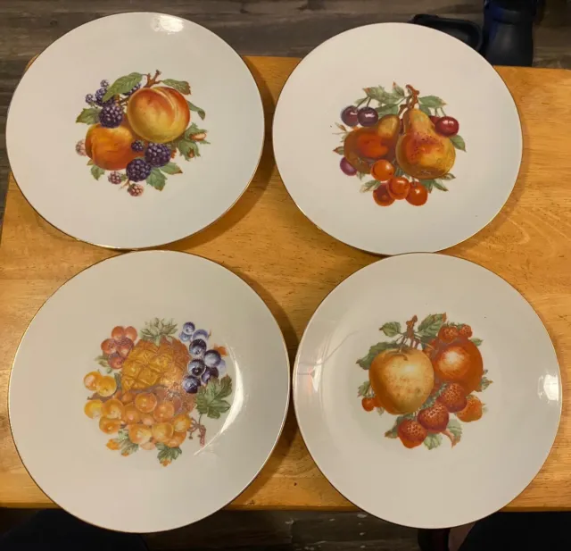 Set of 4 Vintage Bareuther Waldsassen Bavaria 8” Fruit Gold Trimmed Salad Plates