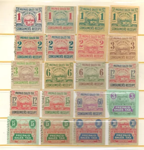 U.S. State of Ohio 20 Different Consumer Prepaid Sales Tax Receipt Stamps Used