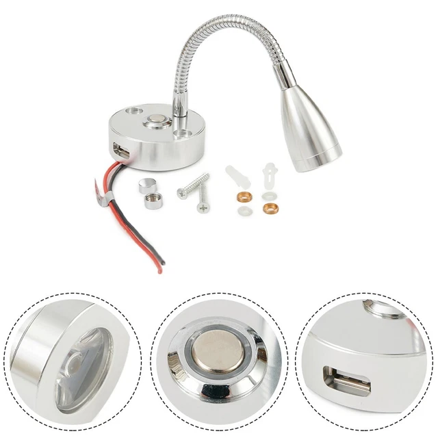 Luce Da Lettura LED 12V Con Porta USB E Dimmer Touch Per Camper, Roulotte, Barca - Orientabile E Regolabile (Nero) - 3
