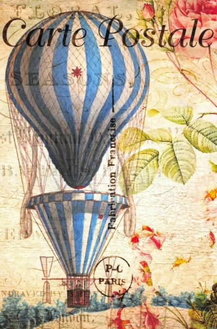 Postcard French Vintage Shabby Chic Style, Hot Air Balloon, Floral, 5K