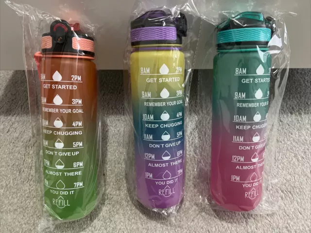 Sports Water Bottle, [1 Litre] with Motivational Time Marker & Straw, BPA Free