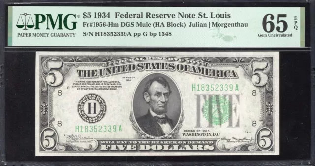 1934 $5 ST LOUIS FRN FEDERAL RESERVE NOTE PMG 65 EPQ Fr 1956-H 52339
