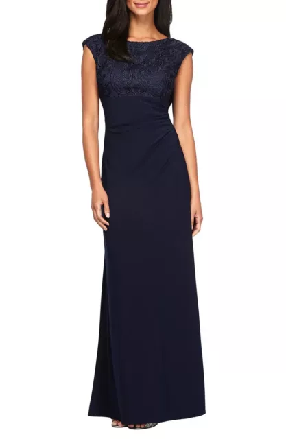 Alex Evenings Navy Blue Brocade Bodice Empire Waist Cowl Back Gown Size 14 $189