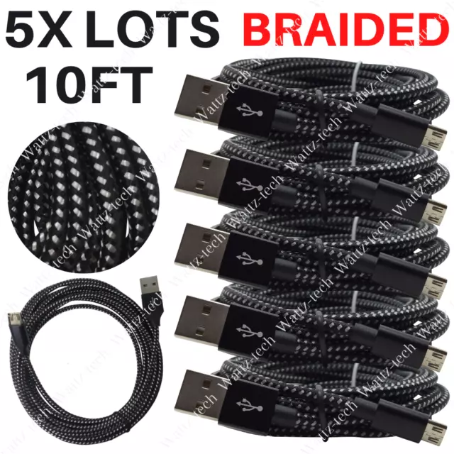 5 PACK 10Ft Fast Micro USB Charger Cable Cord Braided Lot For Android Samsung LG