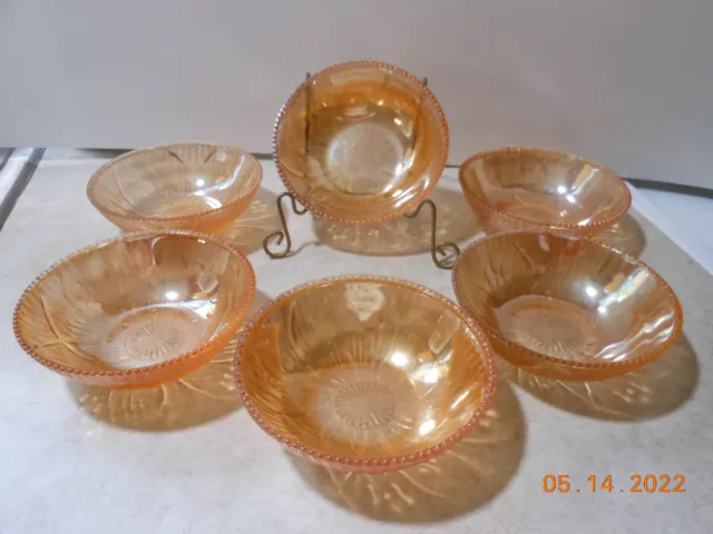 Vintage Six Small Marigold Carnival Glass Iris Pattern Berry - Desert -Bowl L@@K