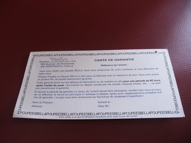 Carte de garantie poupée clamito de BELLA