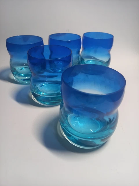 Verres à vin bleus, lot de 4, verres d'art soufflés à la main, décor côtier - France