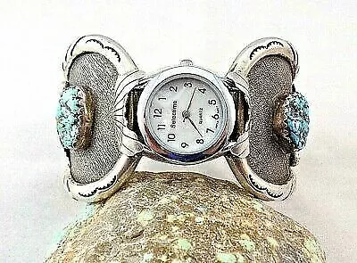 Old Pawn Navajo Handmade Turquoise Woman Watch Bracelet in Sterling Silver