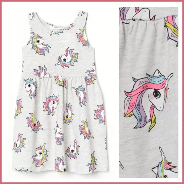 Girls H&M Grey Summer Dress Sleeveless Unicorn Print Skater Dress 8-10 Yrs BNWT