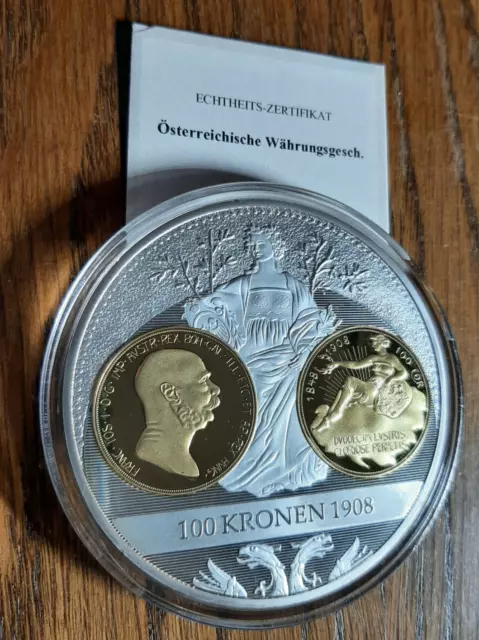 XL Medaille 70mm - 100 Kronen 1908 - Österreichische Währung - teilvergoldet, PP