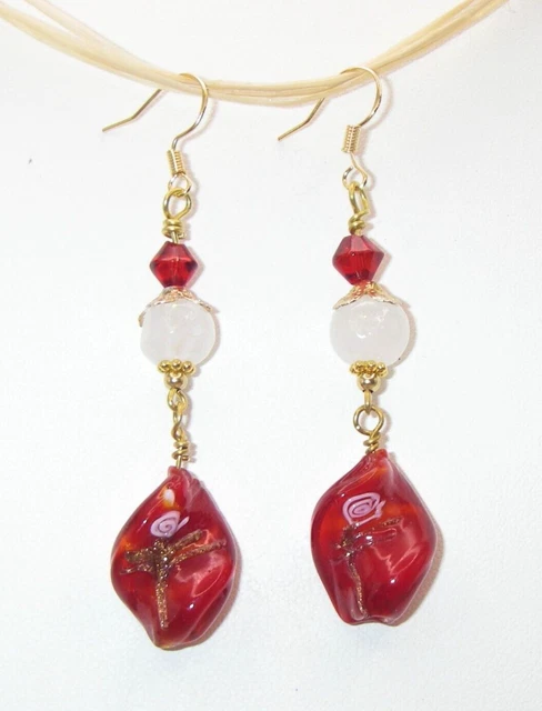 Red Spiral Lampwork Glass, Quartz, Crystal, Artisan Earrings. northwestcreations