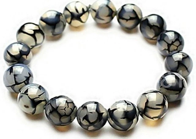 8mm Natural Black White Dragon Veins Agate Round Gemstone Beads Elastic Bracelet