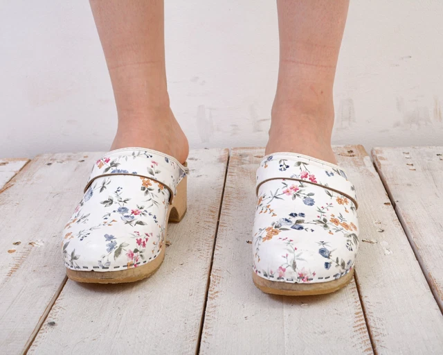 Femmes Moheda Fermé Blanc Fleurs Cuir Sabots Eur 37 UK 4 US 6 Chaussures Vintage