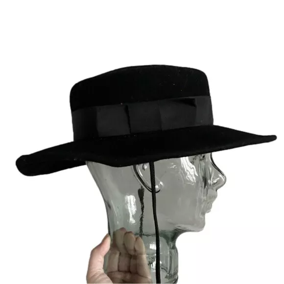Vintage Black Wool Gaucho Sombrero Bolero Flamenco Zorro Hat w/ Chin Strap