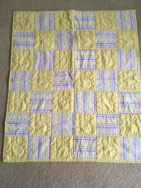 Handmade Baby Quilt W/Yellow & Pastel Stripe Blocks~Quilted Kitty Cats 2