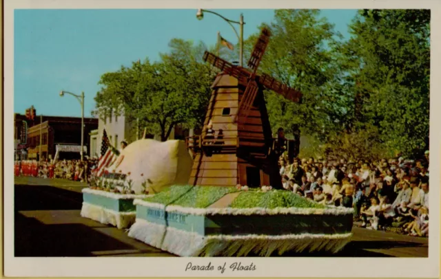 1954 PARADE OF FLOATS Holland Michigan Tulip Festival Windmill Chrome Postcard