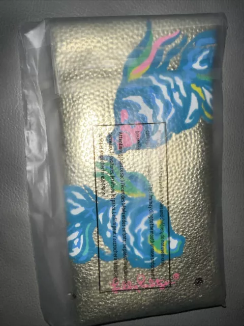 NWT Lilly Pulitzer GWP Gold Sunglass Case Blue Ibiza Aqua La Vista Fish