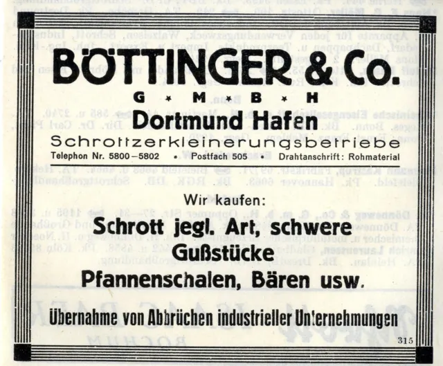 Böttinger & Co. Dortmund Hafen SCHROTT Historische Reklame 1925