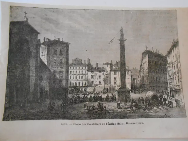 Gravure 1878 - Lyon Place des Cordeliers et l'église Saint Bonaventure