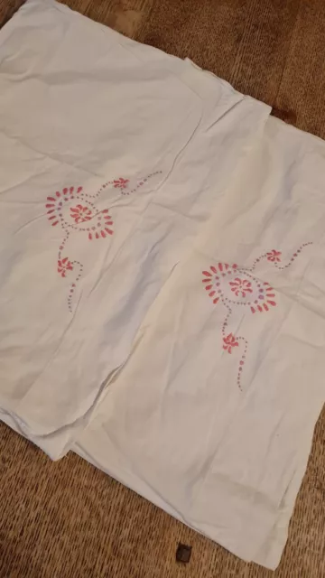 Pair Of Vintage Retro Hand Embroidered Pink And White Pillow Cases