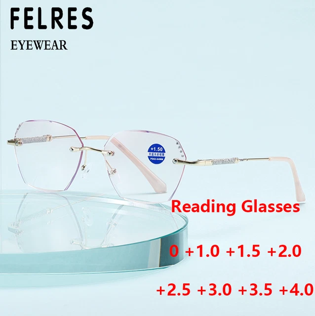 Metal Anti Blue Light Tinted Reading Glasses For Women Classic Rimless Glasses