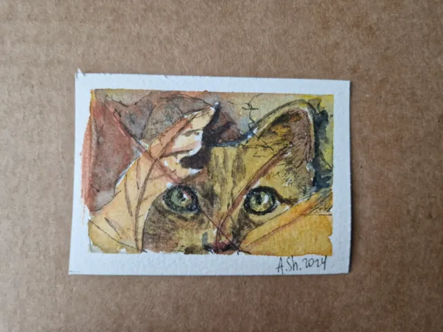 ACEO Watercolor original painting red cat ginger kitten fall leaves OOAK 2