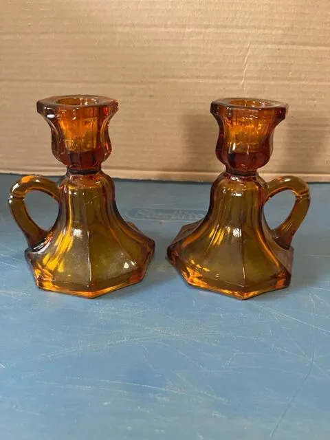 Vintage Orange Depression Glass Handled Candlesticks - Matching Pair - Set of 2
