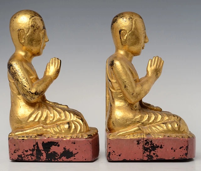 19th Century, Mandalay, A Pair of Antique Burmese Wooden Seated Disciples 11