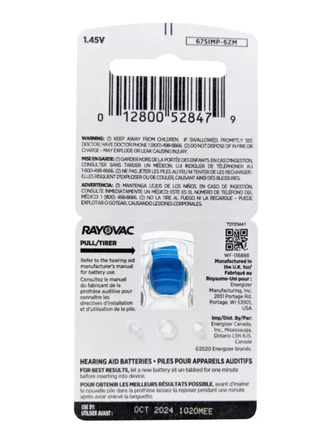 Rayovac Cochlear Implant Piles Mercure Gratuit 675P, 60pcs + Batterie Buddy 2