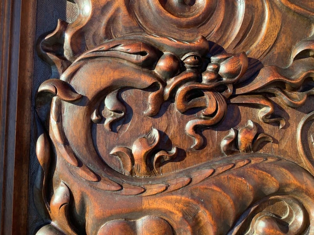 Antique Carved Oak Wood Architectural Door Panel Gothic Chimeras Griffin dragon 2