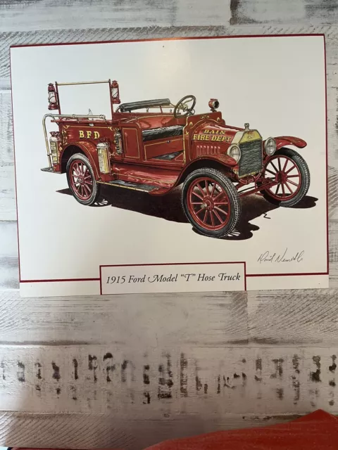 1915 Ford model T Hose Fire Truck Pumper Art Print Calendar Ad 12"x9.5"