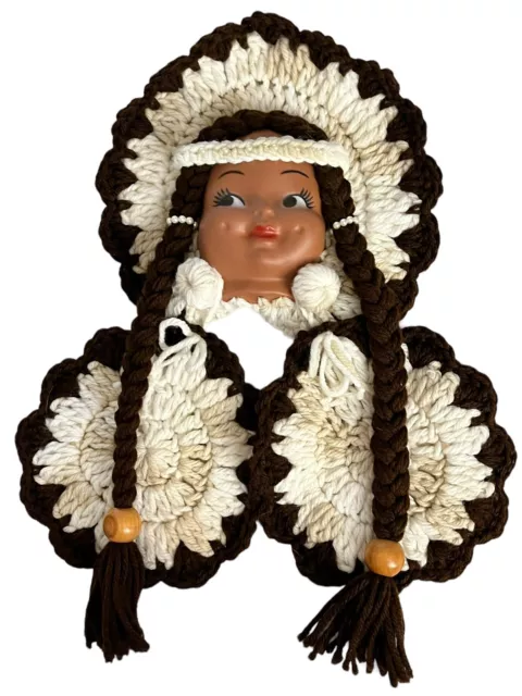 Vtg Doll Plastic Face Crocheted 1970s Bed Decor Beige Plastic Kitchen Pot Holder