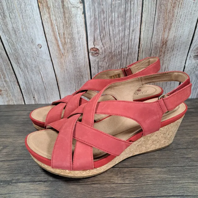 Clarks Unstructured CapriStep Cork Wedge Slingback Sandals Womens 10W Red Nubuck