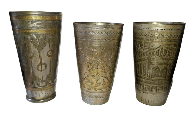 3 Pc Old Brass Handcrafted Unique Engraved Milk/Lassi Glass Nice Patina