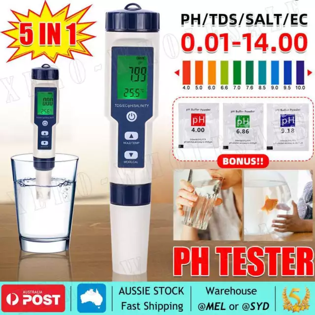 5 in 1 PH Meter TDS EC Salinity Temperature Digital Water Quality Monitor Tester