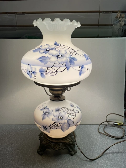 GWTW TABLE LAMP Victorian 3 WAY LIGHT Parlor 20" BRASS Milk Glass Blue Florals