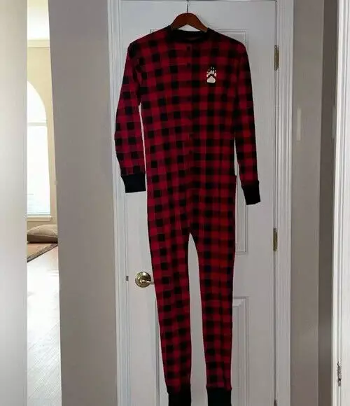 Lazy One buffalo plaid one piece adult unisex flapjacks bear cheeks pajama M