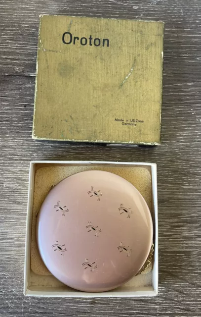 Rare 1940’s Oroton Compact Rose Gold Enamel with Gold Trim Incl Powder Puff