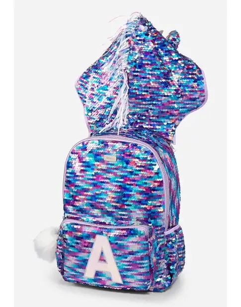 Pastel unicorn flip sequin initial backpack top