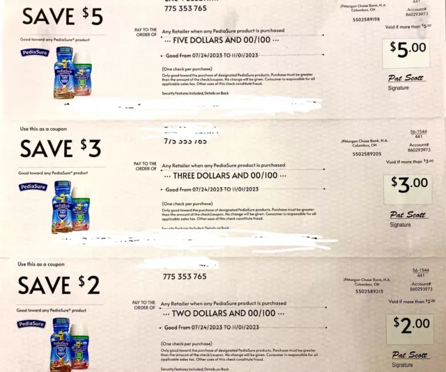 Pediasure Grow & Gain Coupons Checks $10.00 TOTAL VALUE - Expires 11/01/2023