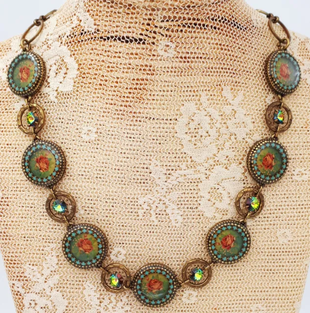 Michal Negrin Necklace Victorian Rose Cameo Floral Green Turquoise Tone Flowers